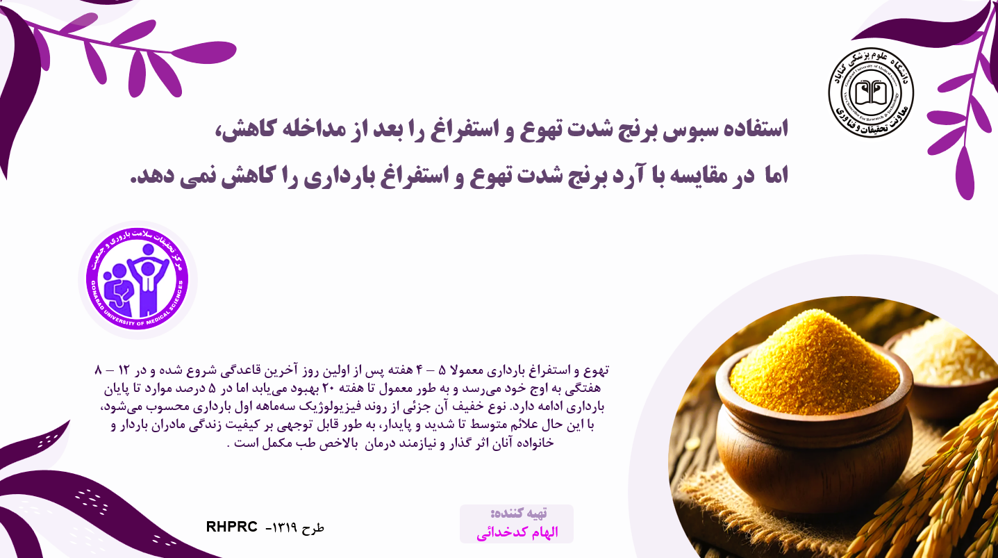 تاثیر دریافت سبوس برنج بر شدت تهوع و استفراغ بارداری زنان مراجعه‌کننده به مراکز خدمات جامع سلامت شهر گناباد – 1401
